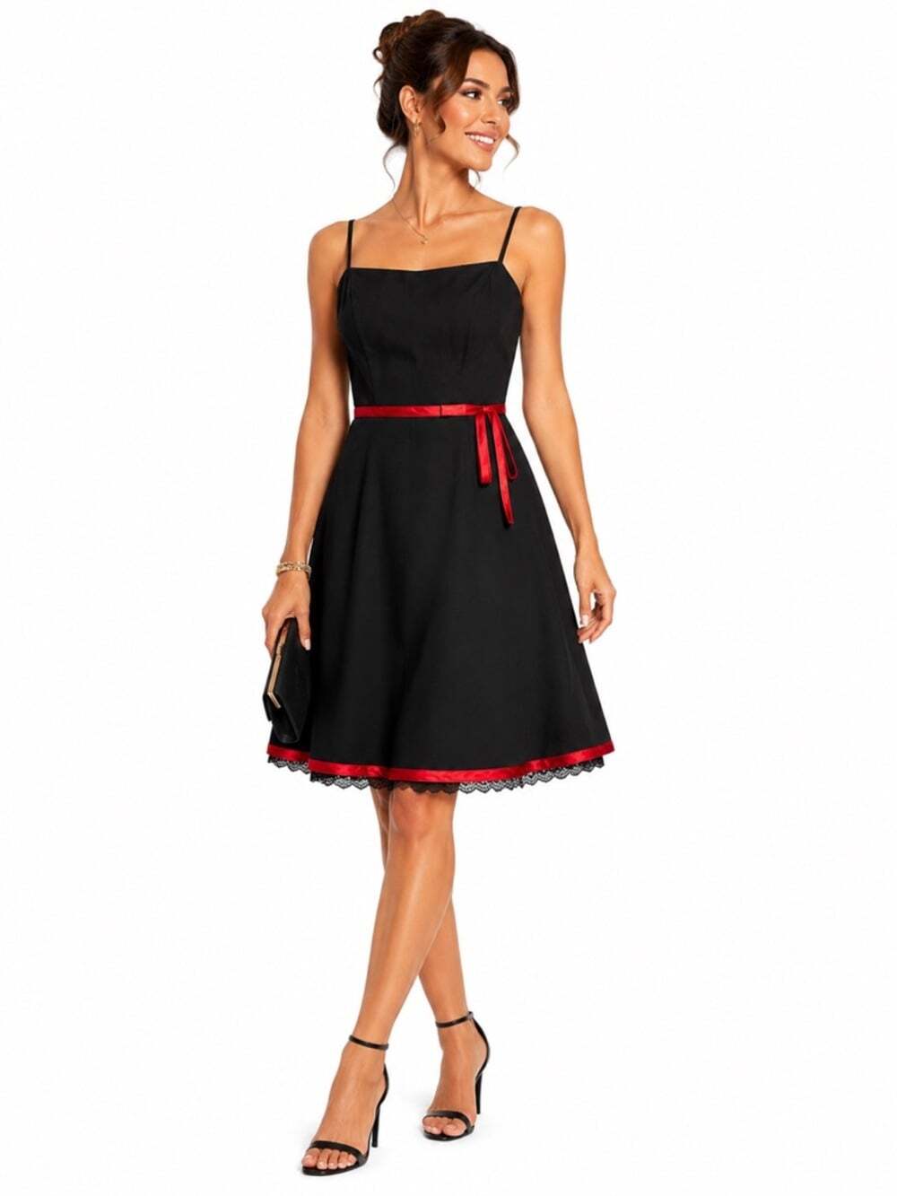 Vintage Byer Too Y2K Fit Flare Party Dress Black Red Trim Lace Hem Size 8